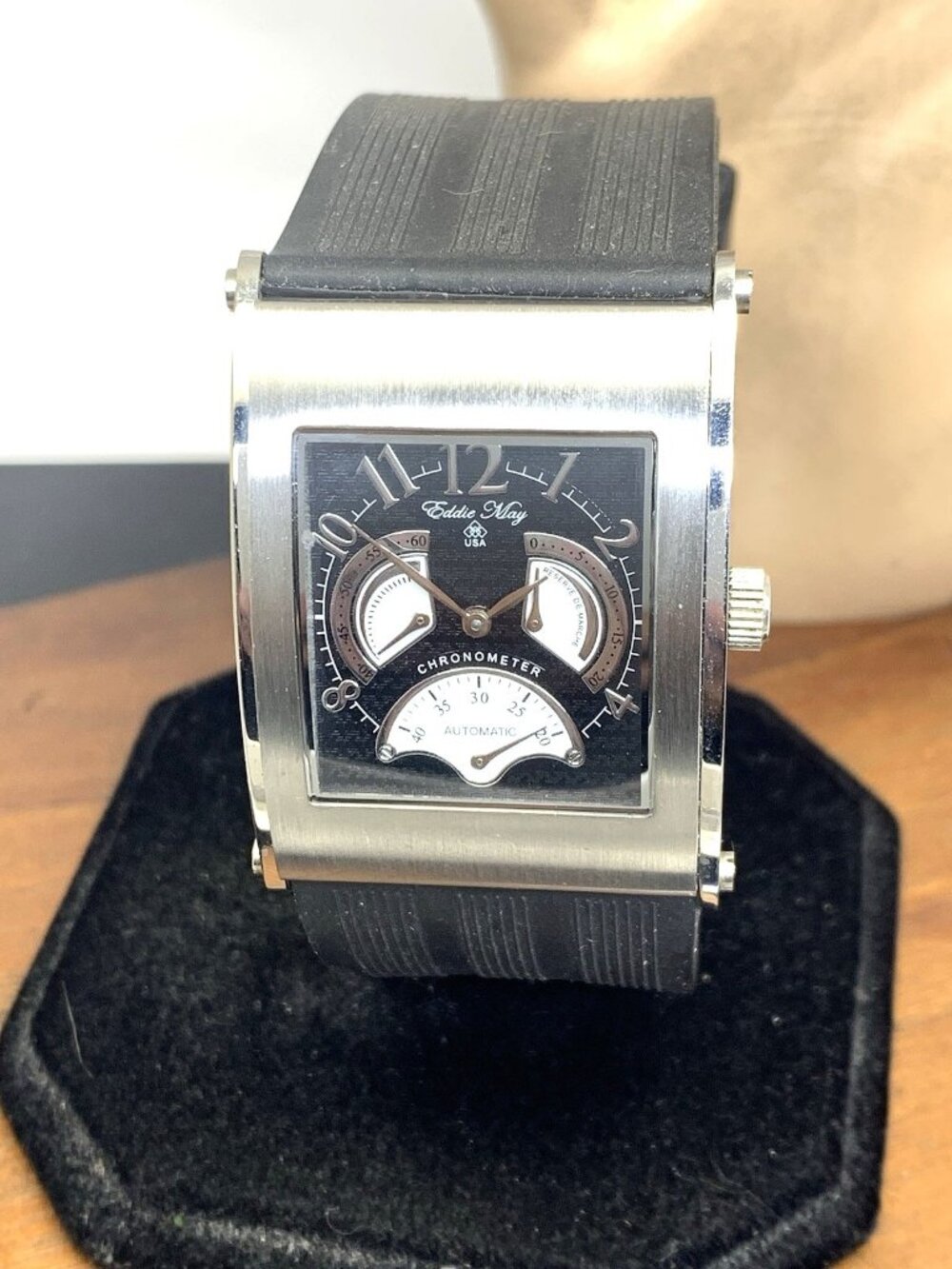 Eddie May Men's Watch Automatic White Black Rubber Strap Rectangular 34x49mm